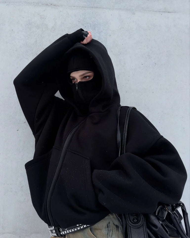 Stylish Black Balaclava Hoodie With Full Mask – Casual Zip-Up Sweatshirt