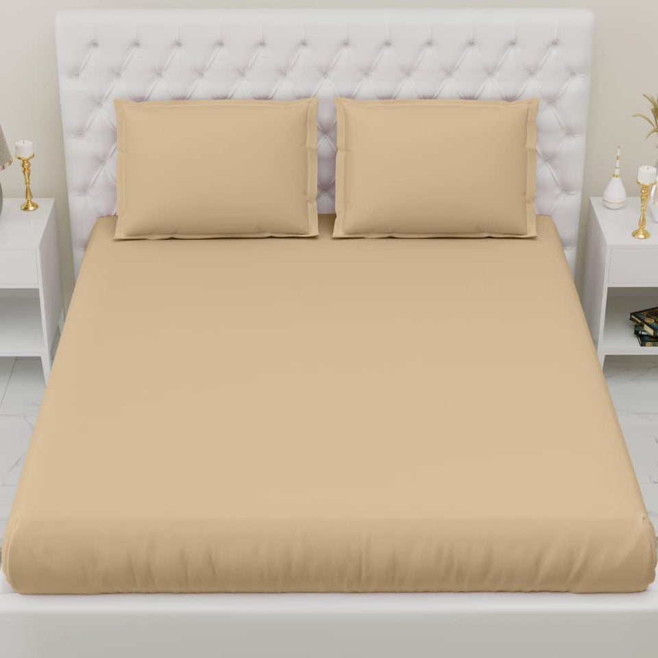haus & kinder Elastic Fitted Bedsheets King Size with 2 Pillow Covers, 100% Cotton 300 TC, Melange Collection (California King, Glided Beig