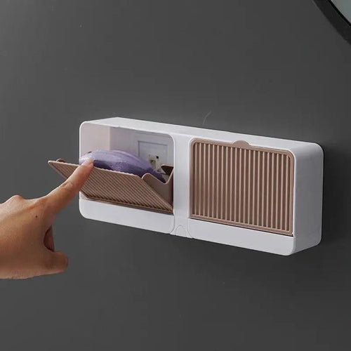 STREET Creative Wall Soap Box with Lid Double Mesh Standing Soap Dryer Holder Flip Wall Mounted Double Soap Holder with Drain Tray Bathroom