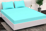 ure Cotton Solid Print Fitted with Elastic Solid Fragrance Double Bed Sheet with 2 Pillow Covers, (Queen Size), (Sea Blue)