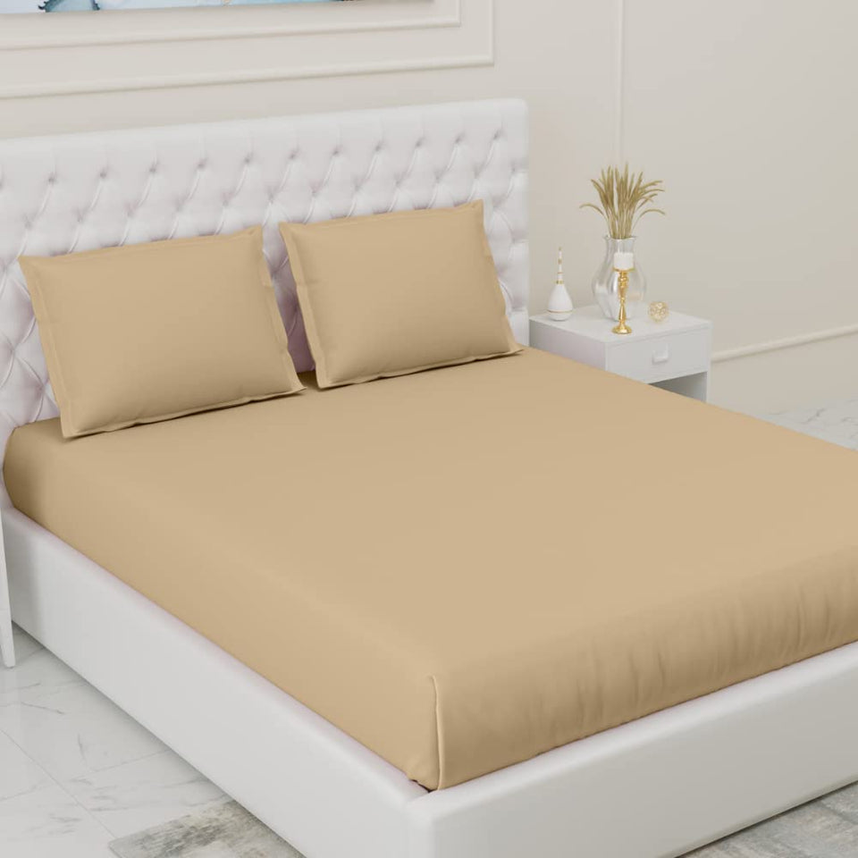 haus & kinder Elastic Fitted Bedsheets King Size with 2 Pillow Covers, 100% Cotton 300 TC, Melange Collection (California King, Glided Beig