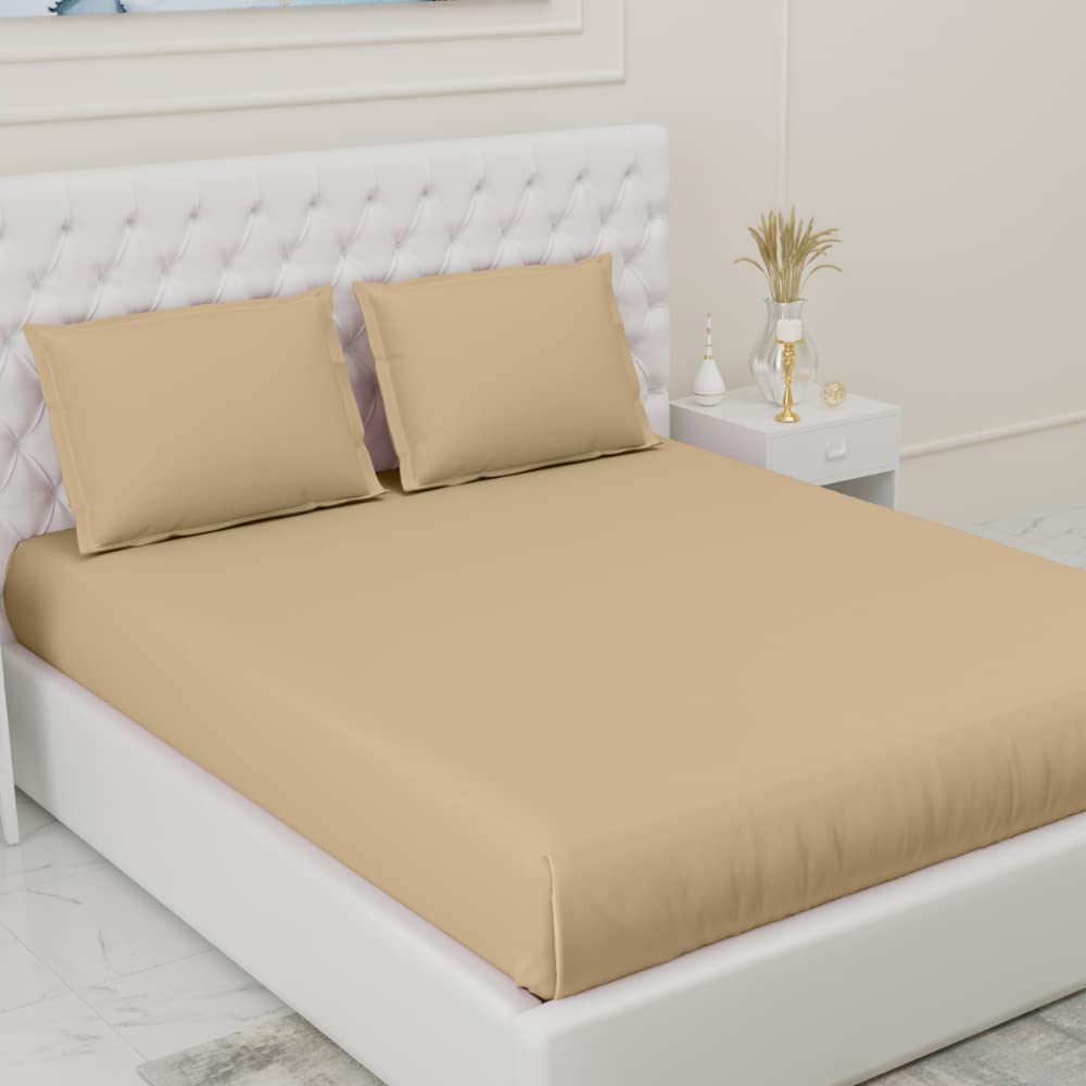 haus & kinder Elastic Fitted Bedsheets King Size with 2 Pillow Covers, 100% Cotton 300 TC, Melange Collection (California King, Glided Beig