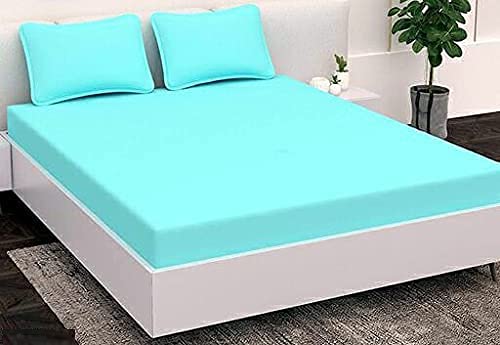 ure Cotton Solid Print Fitted with Elastic Solid Fragrance Double Bed Sheet with 2 Pillow Covers, (Queen Size), (Sea Blue)
