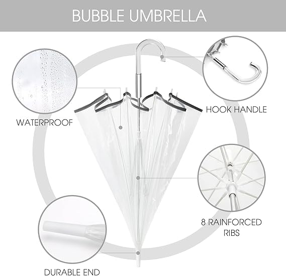 Transparent Auto Open Classic Dome Plastic Hook Handle - Fashion Stick Windproof Clear