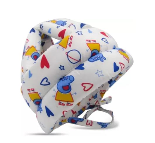 Adorable Baby Wearing a Soft Protective Safety Helmet with Cartoon Bunny Design and Colorful Plaid Overalls (White)