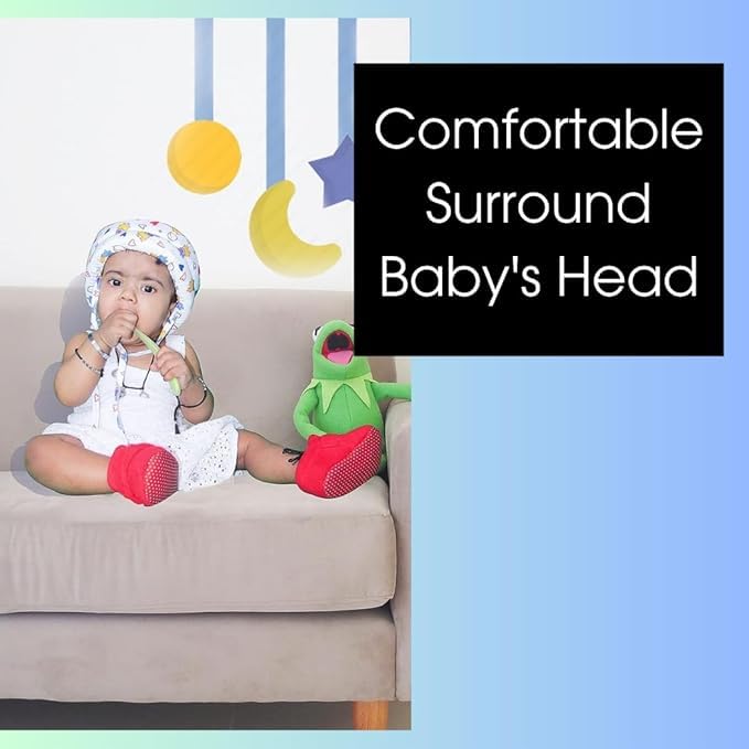 Adorable Baby Wearing a Soft Protective Safety Helmet with Cartoon Bunny Design and Colorful Plaid Overalls (White)