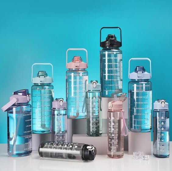 Motivational Water Bottle Set with Time Markers, 2000ml, 900ml, 300ml, Clear, Leak-Proof, for Office, School, Gym, Travel, Set of 3