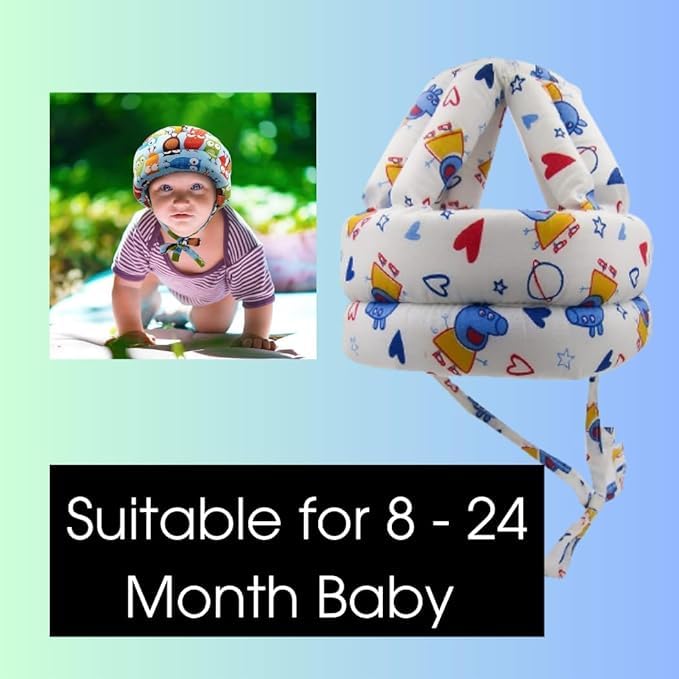 Adorable Baby Wearing a Soft Protective Safety Helmet with Cartoon Bunny Design and Colorful Plaid Overalls (White)