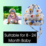 Adorable Baby Wearing a Soft Protective Safety Helmet with Cartoon Bunny Design and Colorful Plaid Overalls (White)
