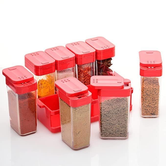 Masala Box 8 Pcs Set, Airtight Jar Spice Box, Spice Container with Tray, Square Spice Jar, Food-Grade Plastic, Multipurpose Seasonings Set, Idle for... Size:8 Pcs Set