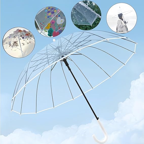 Transparent Auto Open Classic Dome Plastic Hook Handle - Fashion Stick Windproof Clear