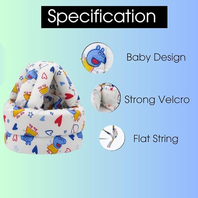 Adorable Baby Wearing a Soft Protective Safety Helmet with Cartoon Bunny Design and Colorful Plaid Overalls (White)
