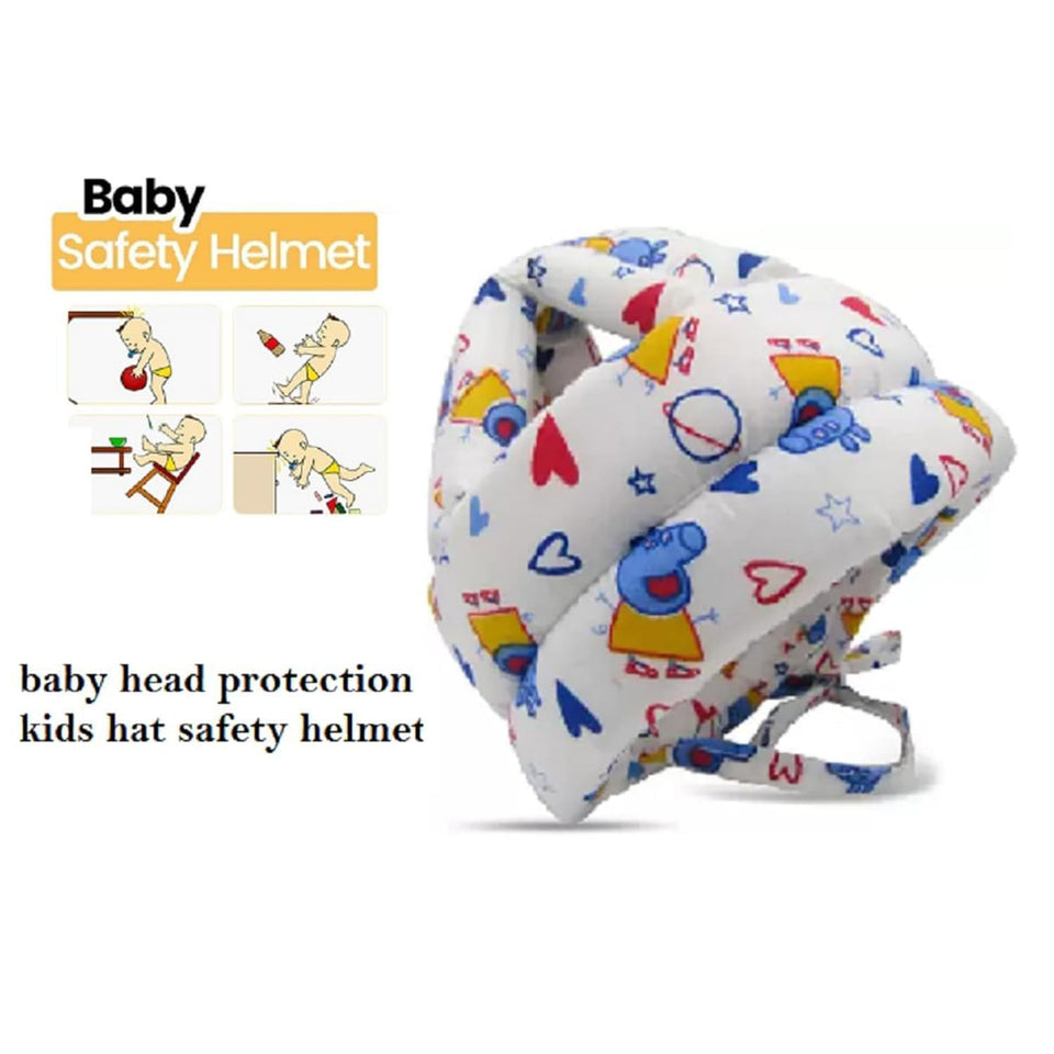 Adorable Baby Wearing a Soft Protective Safety Helmet with Cartoon Bunny Design and Colorful Plaid Overalls (White)