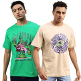 Oversize Loose Baggy Fit Round Neck Half Sleeve Graphic Printed Multicolor T-Shirt Combo (Pack of 2)