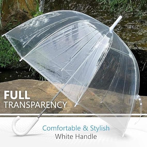 Transparent Auto Open Classic Dome Plastic Hook Handle - Fashion Stick Windproof Clear