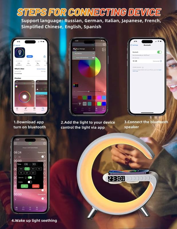 Wireless G Speaker with Wireless Charging | Desk Lamp Bedside Night Light, Smart Light, Sound Machine, and Stylish Bedroom Home Decor