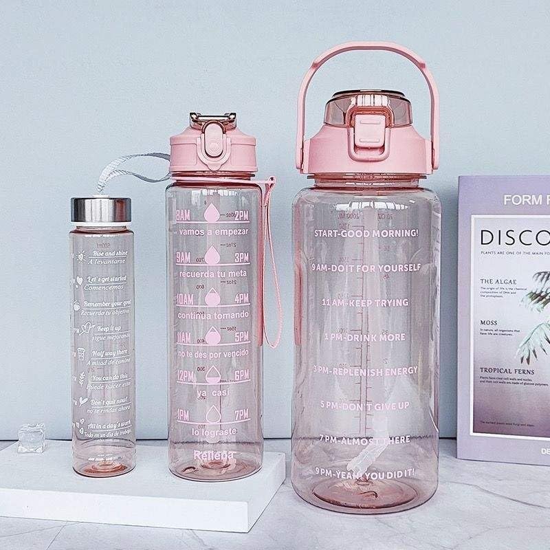 Motivational Water Bottle Set with Time Markers, 2000ml, 900ml, 300ml, Clear, Leak-Proof, for Office, School, Gym, Travel, Set of 3