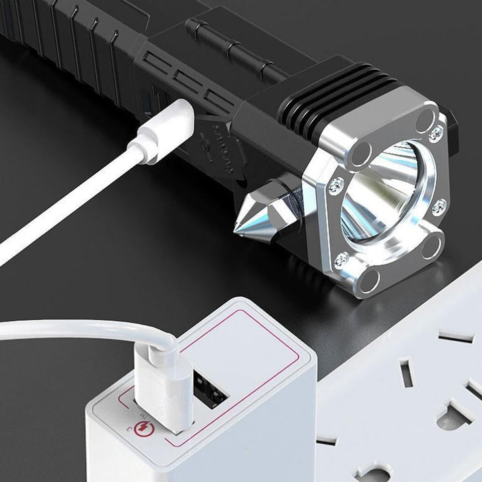 2IN1 Super Bright LED Torch Flashlight+USB Hammer Tactical Camping Outdoor Lamp