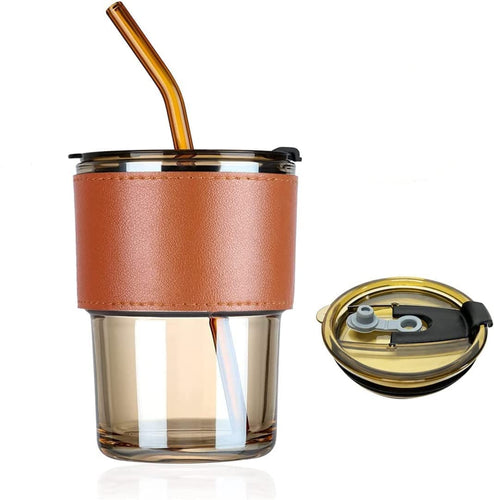 Cup Sipper Glass with Straw, Mug with Lid, Tumbler (Silicone Straw) (Design 1, Pack of 2)