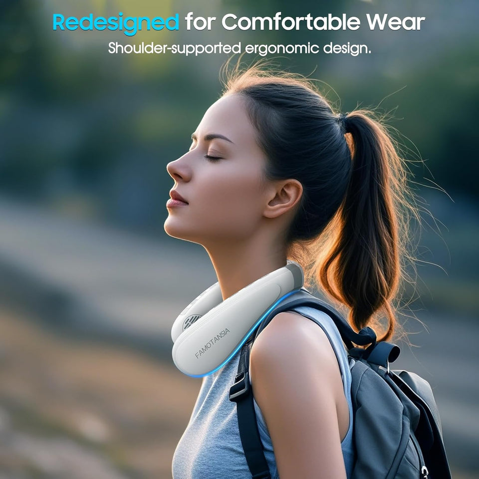 Neck Cooling Fan, Air Conditioner Neck Fan with Cooling Plate 4400mAh Rechargeable Battery Operated, Wearable Personal Fan, Ergonomic Design, White