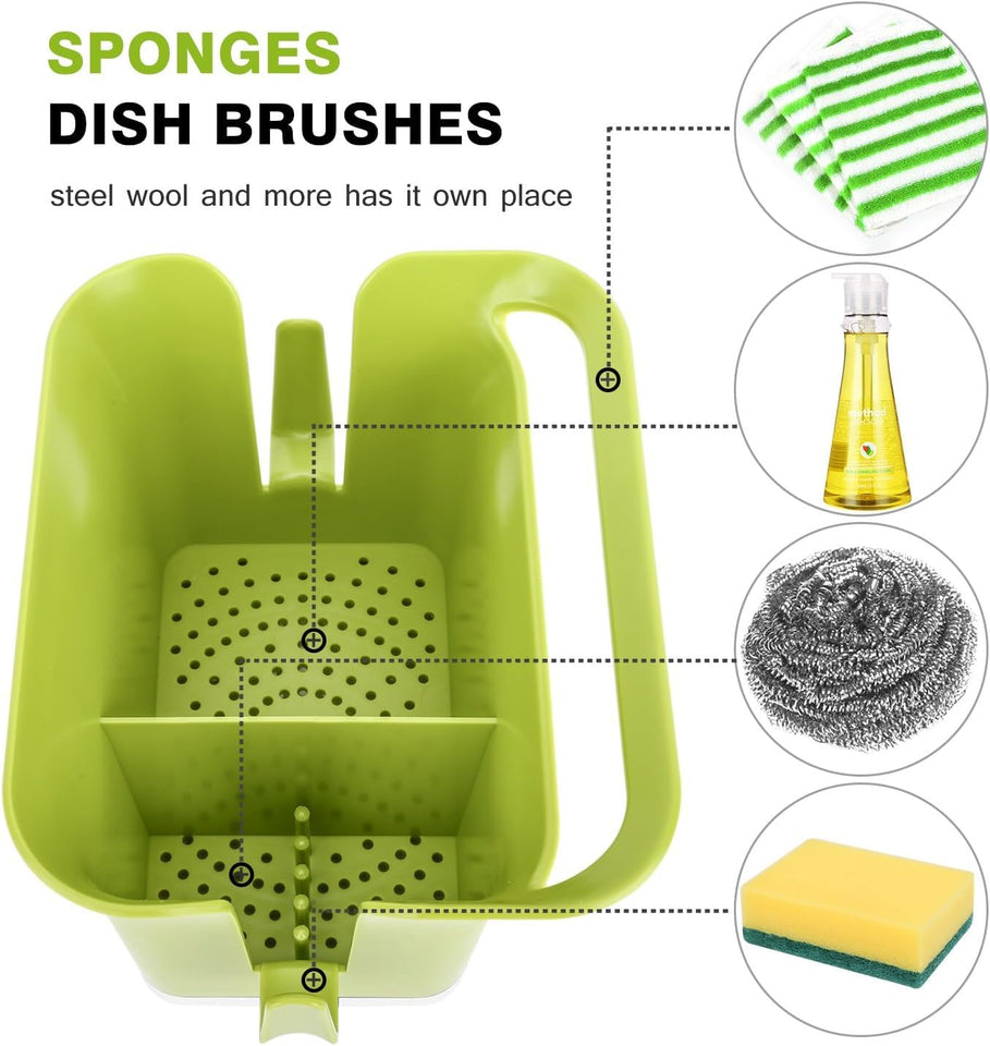 kitchen Sink Organiser (for Dishwasher Liquid, Brush, Cloth, Soap, Sponge), Plastic Drying Rack Sink Basket Self-draining Kitchen Sponge Caddy Organizer