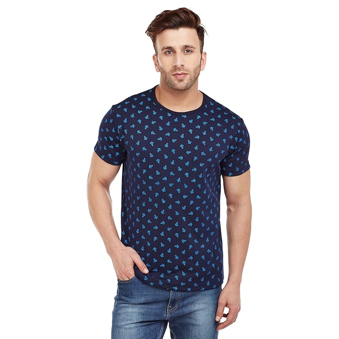 Men's Cotton and Crush Printed Round Neck T-Shirt (Navy Blue, Medium)