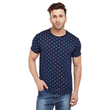 Men's Cotton and Crush Printed Round Neck T-Shirt (Navy Blue, Medium)