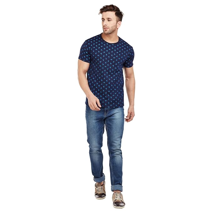 Men's Cotton and Crush Printed Round Neck T-Shirt (Navy Blue, Medium)