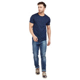 Men's Cotton and Crush Printed Round Neck T-Shirt (Navy Blue, Medium)
