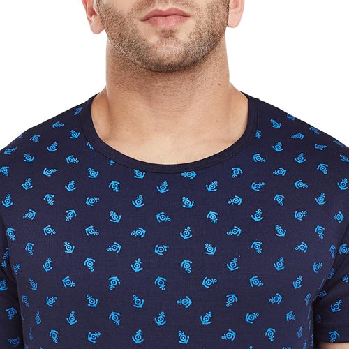 Men's Cotton and Crush Printed Round Neck T-Shirt (Navy Blue, Medium)