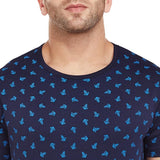 Men's Cotton and Crush Printed Round Neck T-Shirt (Navy Blue, Medium)