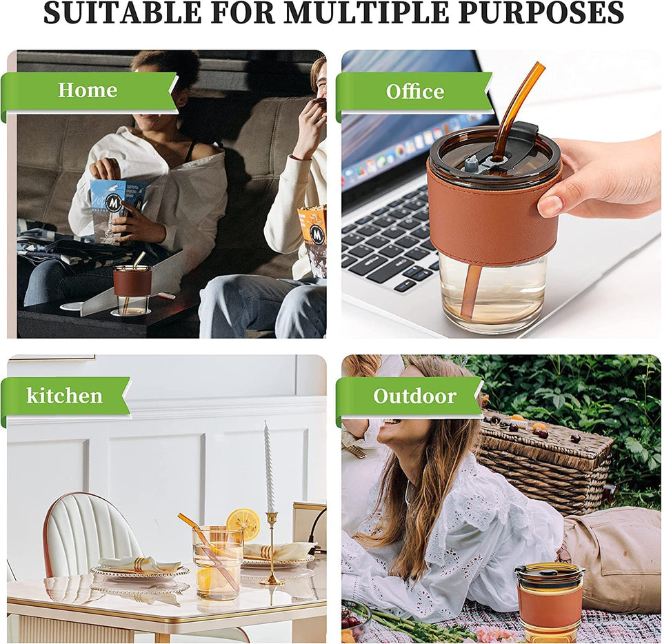 Cup Sipper Glass with Straw, Mug with Lid, Tumbler (Silicone Straw) (Design 1, Pack of 2)