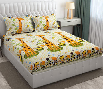 Super Soft Elastic Fitted Glace Cotton Double Bedsheets with 4 Pillow