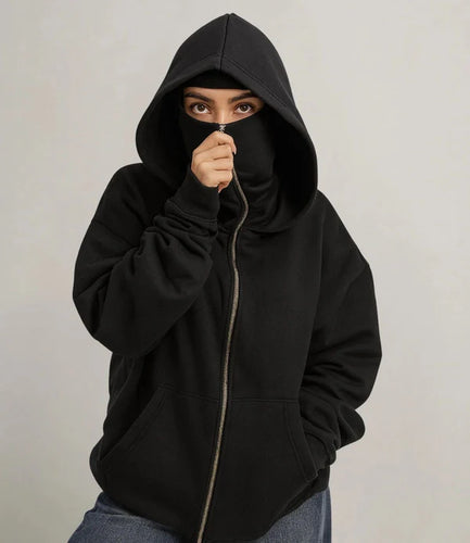 Stylish Black Balaclava Hoodie With Full Mask – Casual Zip-Up Sweatshirt