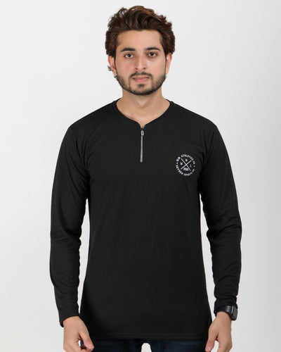 Men Solid Henley Neck Cotton Blend Black T-Shirt