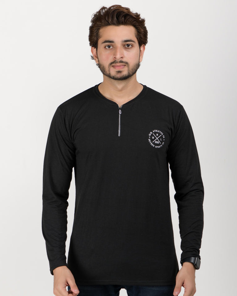 Men Solid Henley Neck Cotton Blend Black T-Shirt