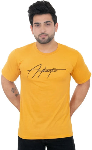 Men Printed Round Neck Poly cotton Yellow T-Shirt