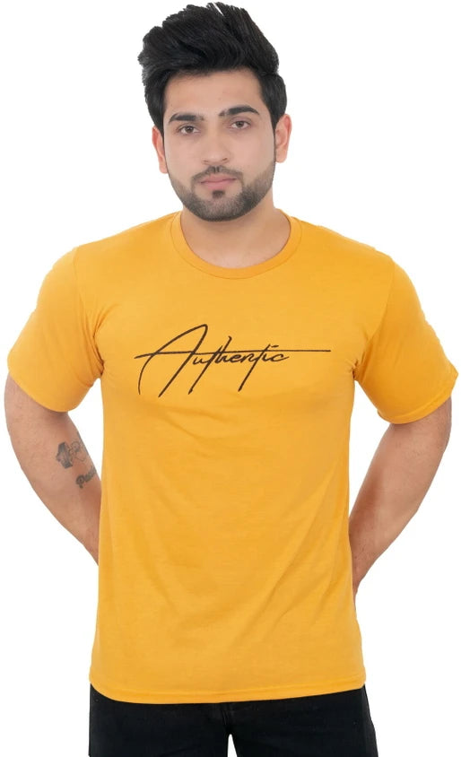 Men Printed Round Neck Poly cotton Yellow T-Shirt